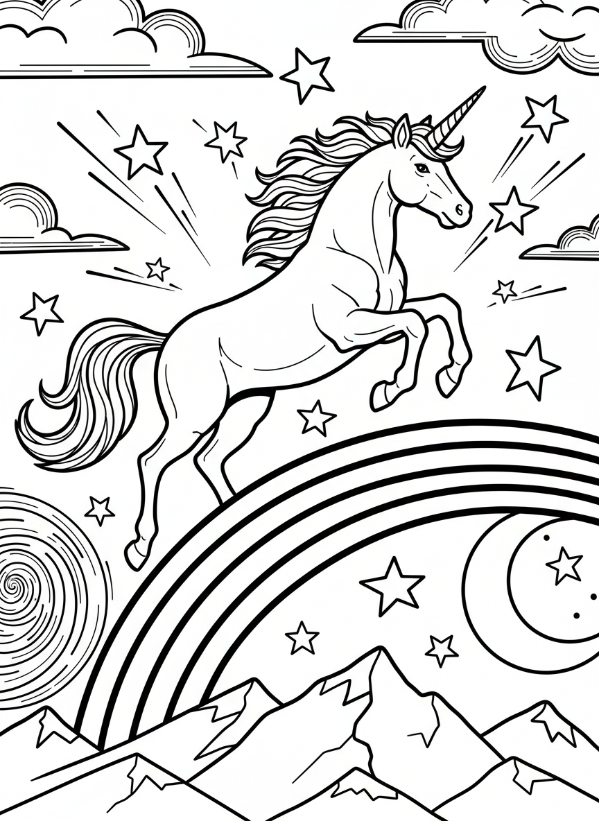 A unicorn jumping over a rainbow with stars scattered around, dynamic action pose with clean outlines