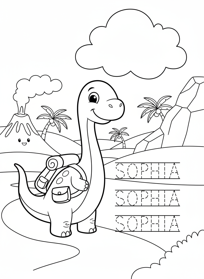 A friendly dinosaur wearing a backpack beside three practice rows of dashed letters spelling 'SOPHIA', simple coloring page for kids