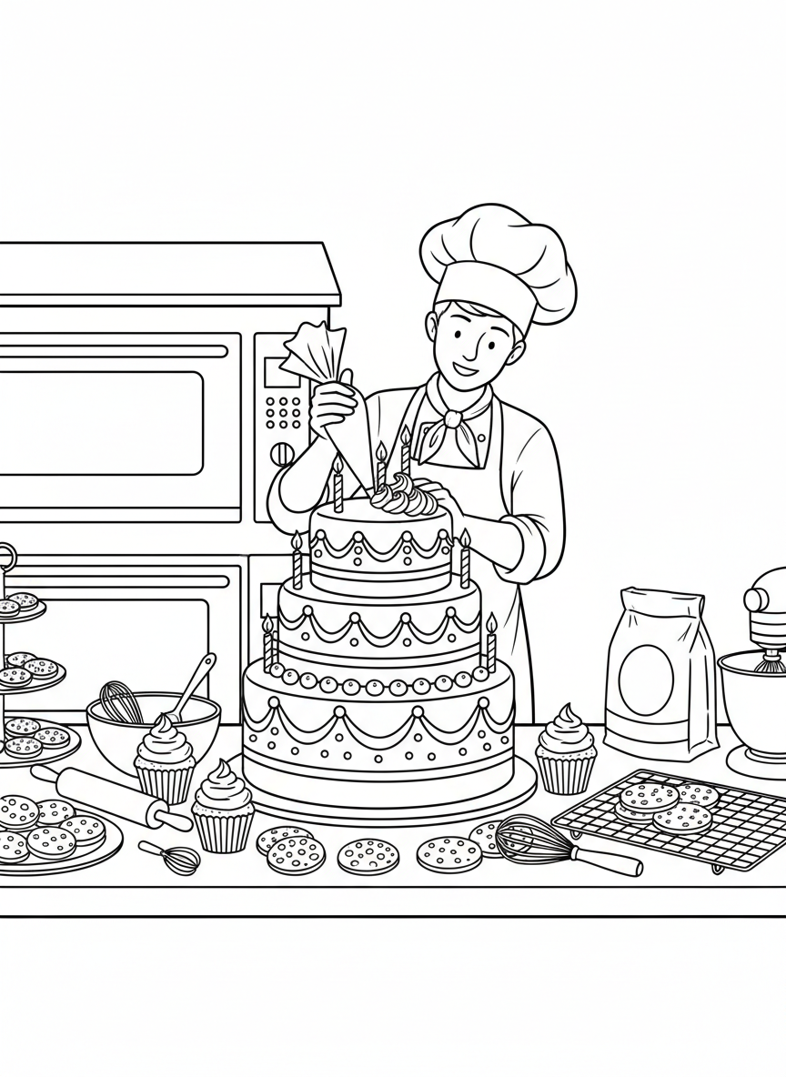A baker decorating a large birthday cake with frosting, surrounded by cupcakes, cookies, and baking tools on a counter.