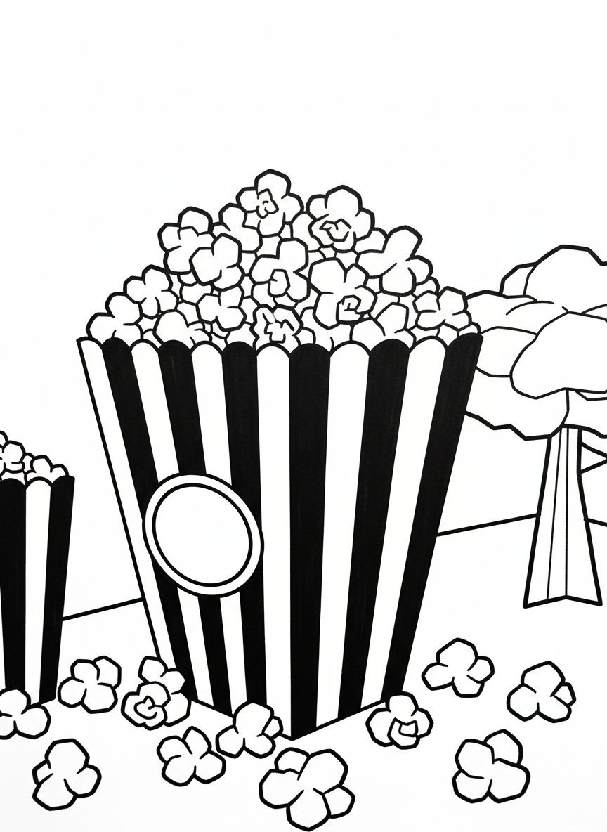 An origami-style popcorn box with geometric striped pattern, overflowing with angular puffy popcorn kernels in various sizes.