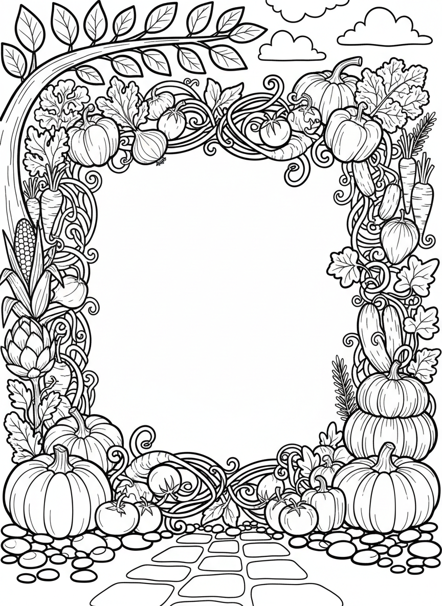 A vegetable patch border design featuring various vegetables arranged in a decorative frame pattern, intricate design for advanced coloring