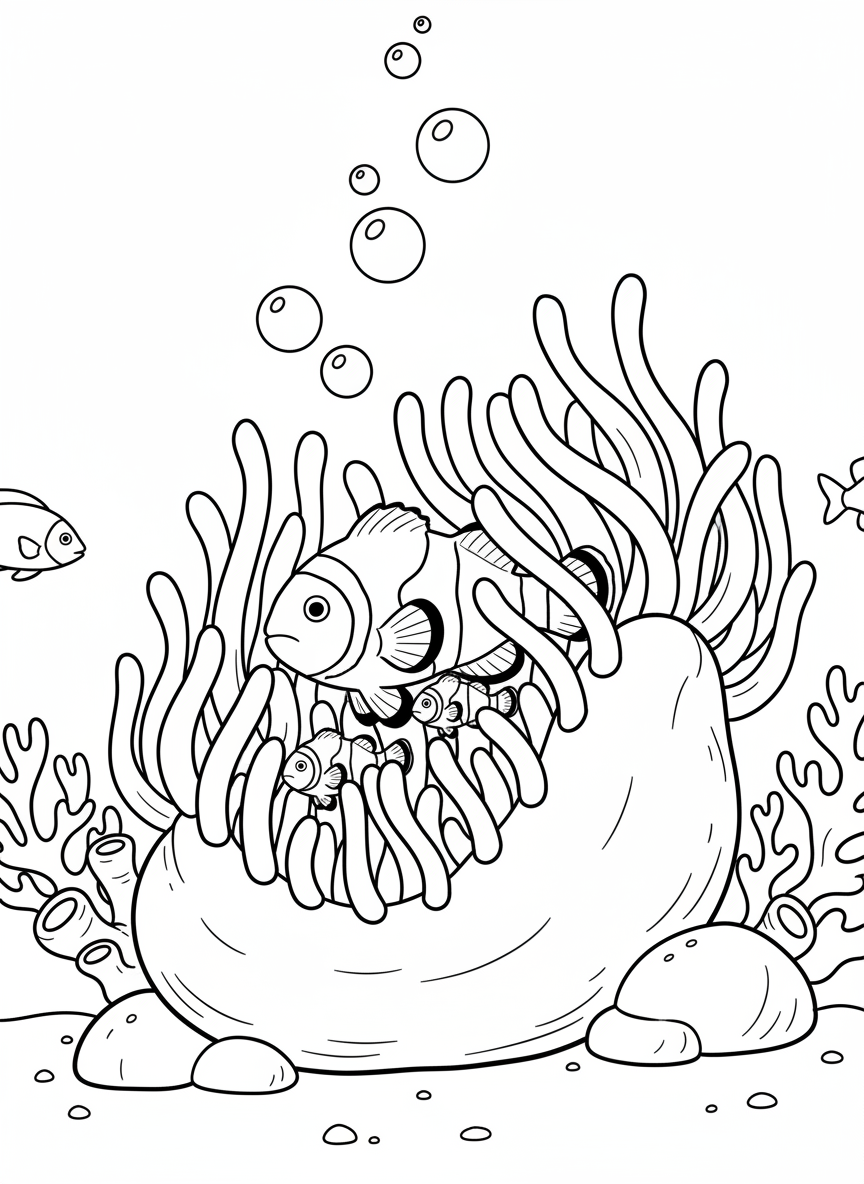 A clownfish family living in a sea anemone home, with wavy tentacles and bubbles rising in the water.