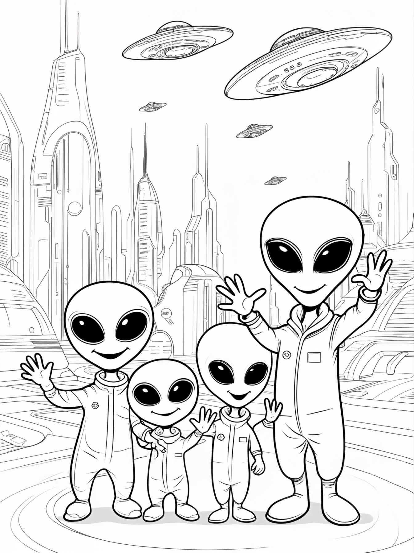 An alien family waving, futuristic cityscape in the background