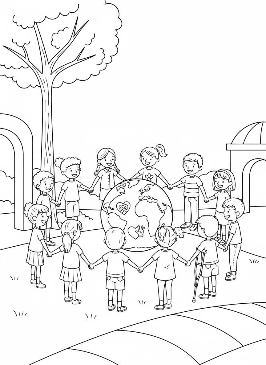 A group of diverse children holding hands in a circle around a globe, unity and friendship theme