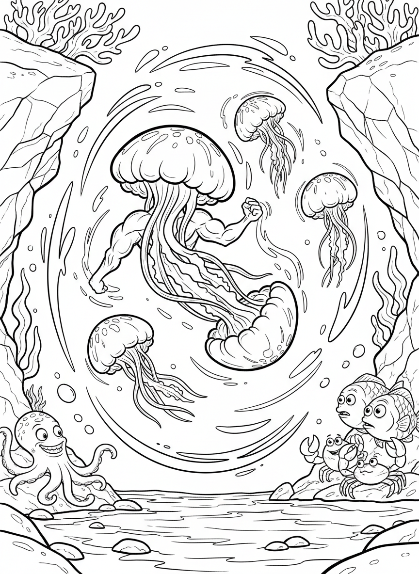 Athletic jellyfish doing flips and tricks in the water with motion lines showing movement, other sea creatures watching from the tide pool sides.