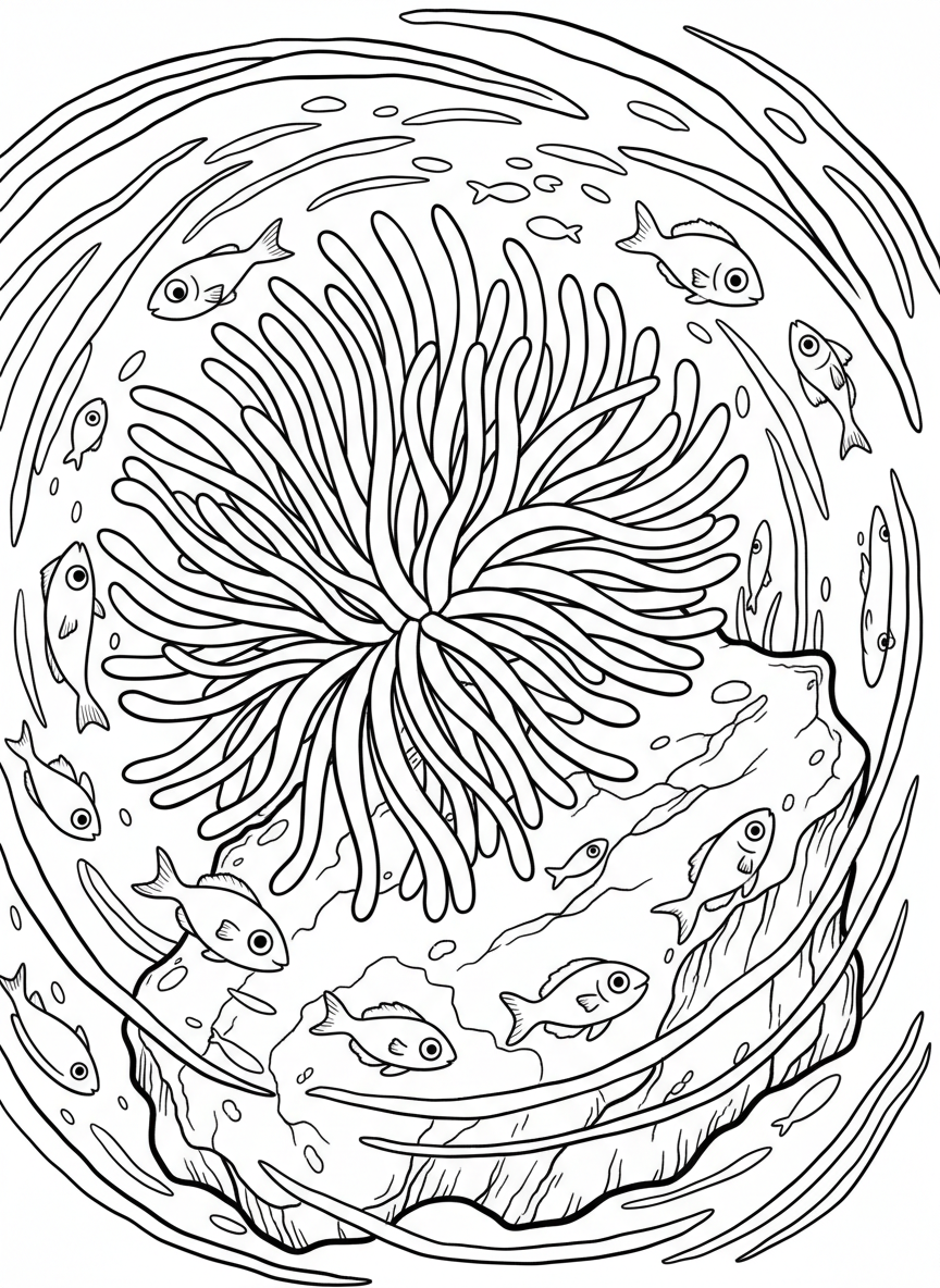 A close-up of a sea anemone with flowing tentacles, attached to a rock with tiny fish swimming nearby in clear water.