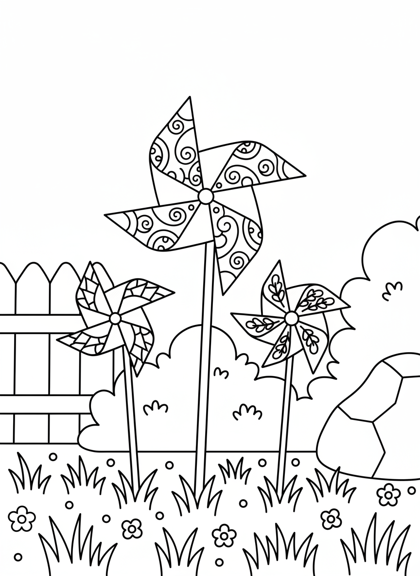 Three different pinwheels of varying sizes stuck in the ground, each with different petal patterns, simple garden setting with grass tufts.