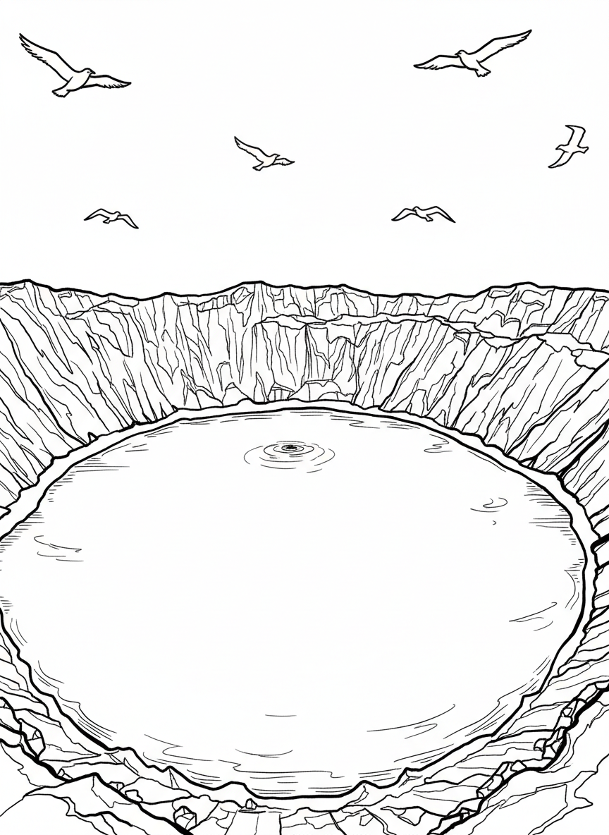 A volcanic crater lake with calm blue water inside, birds flying above, and rocky crater walls forming a circular shape around the water.