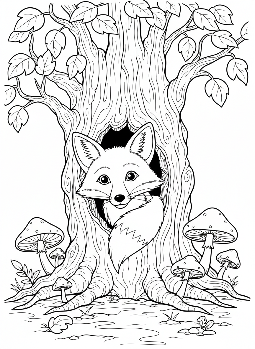 A curious fox peeking out from behind a tree in a forest setting, with leaves and mushrooms around