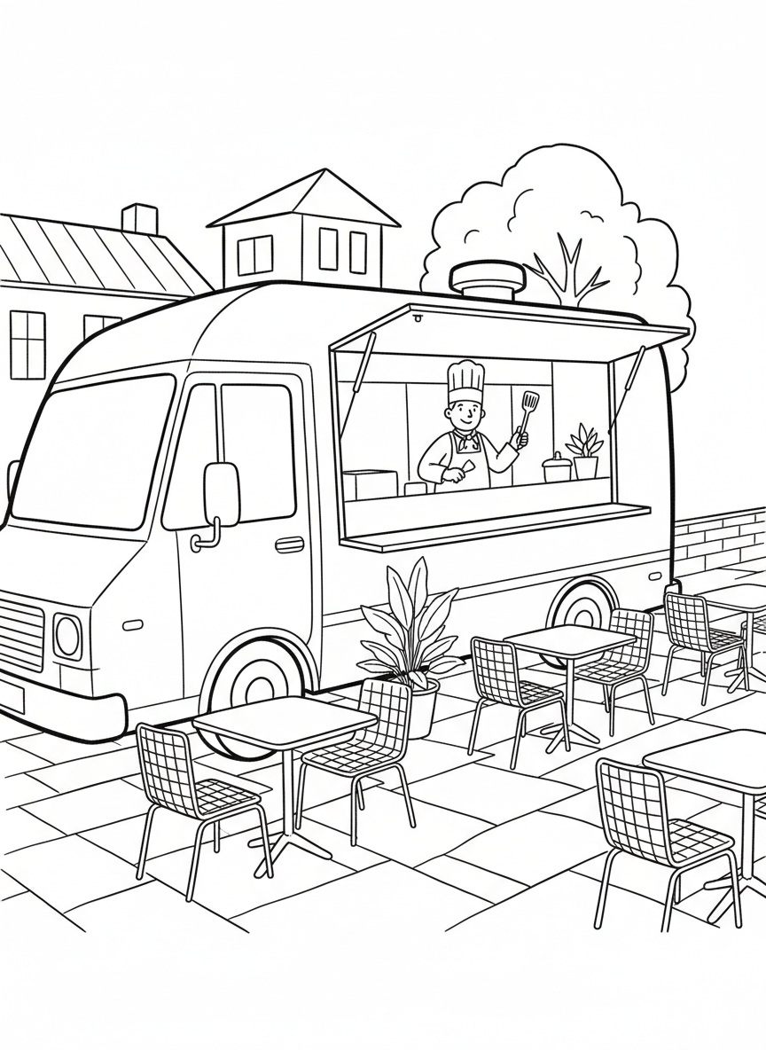 A modern food truck with serving window open, chef inside, outdoor tables and chairs set up nearby for dining