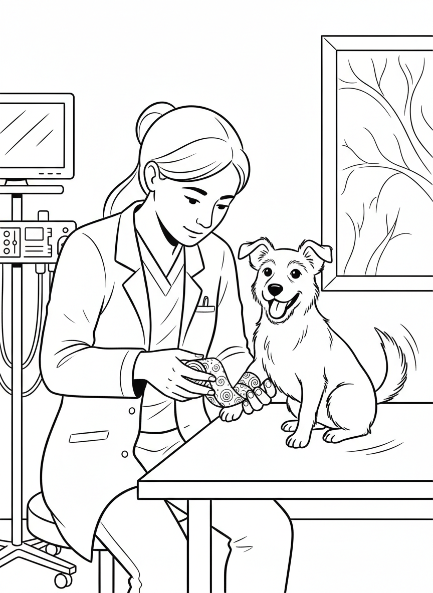 A vet wrapping a colorful bandage around a small dog's leg while the dog wags its tail happily