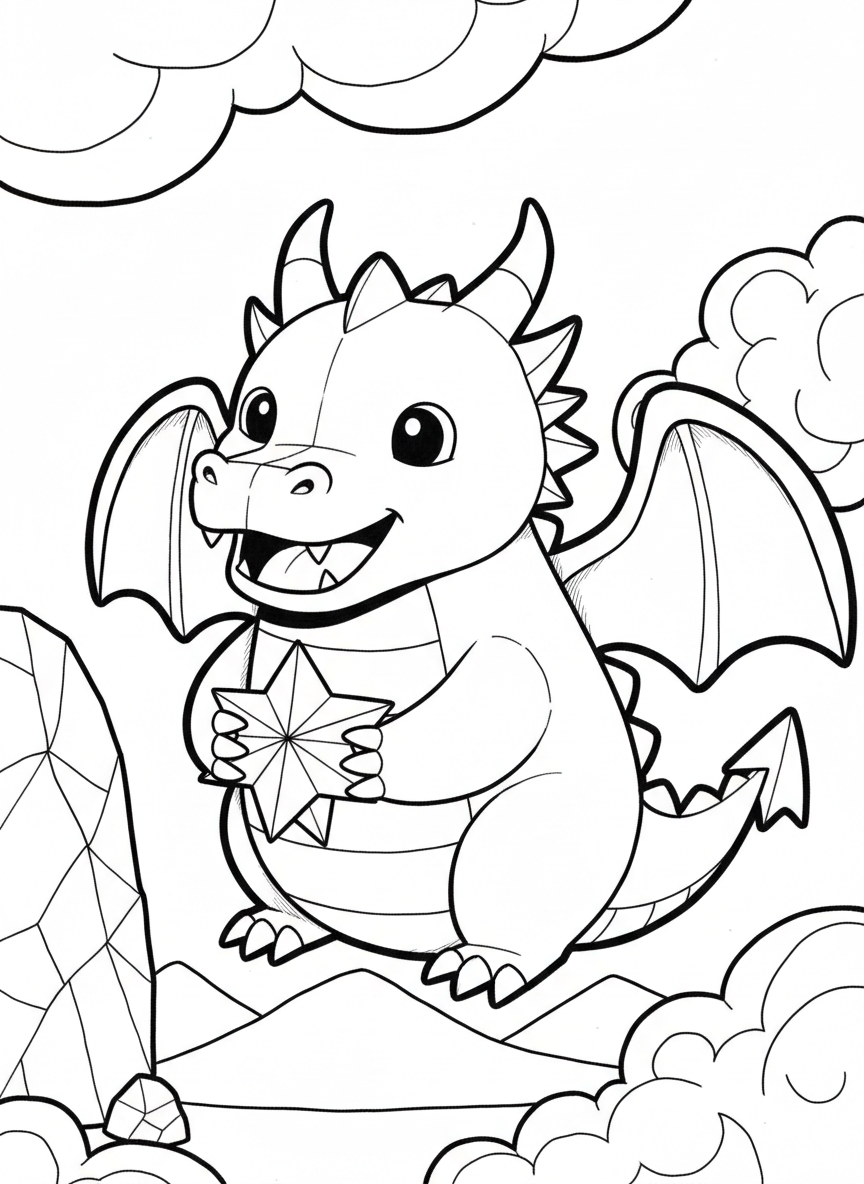 A chubby origami dragon holding a geometric paper star, with rounded angular shapes and cheerful expression perfect for beginners.