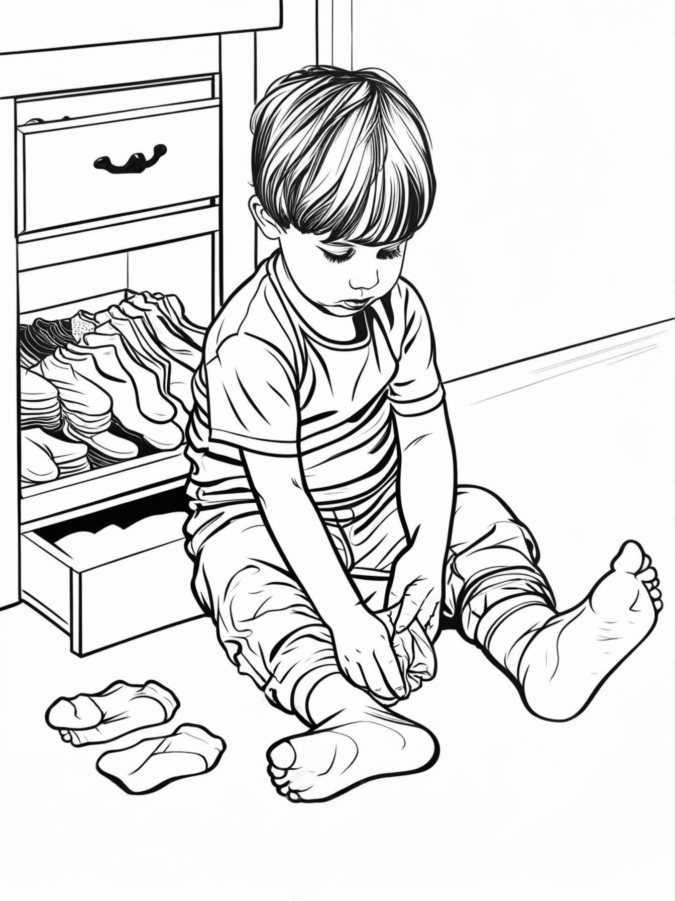 A young child putting on socks, sitting on the floor with one foot raised, sock drawer open in background