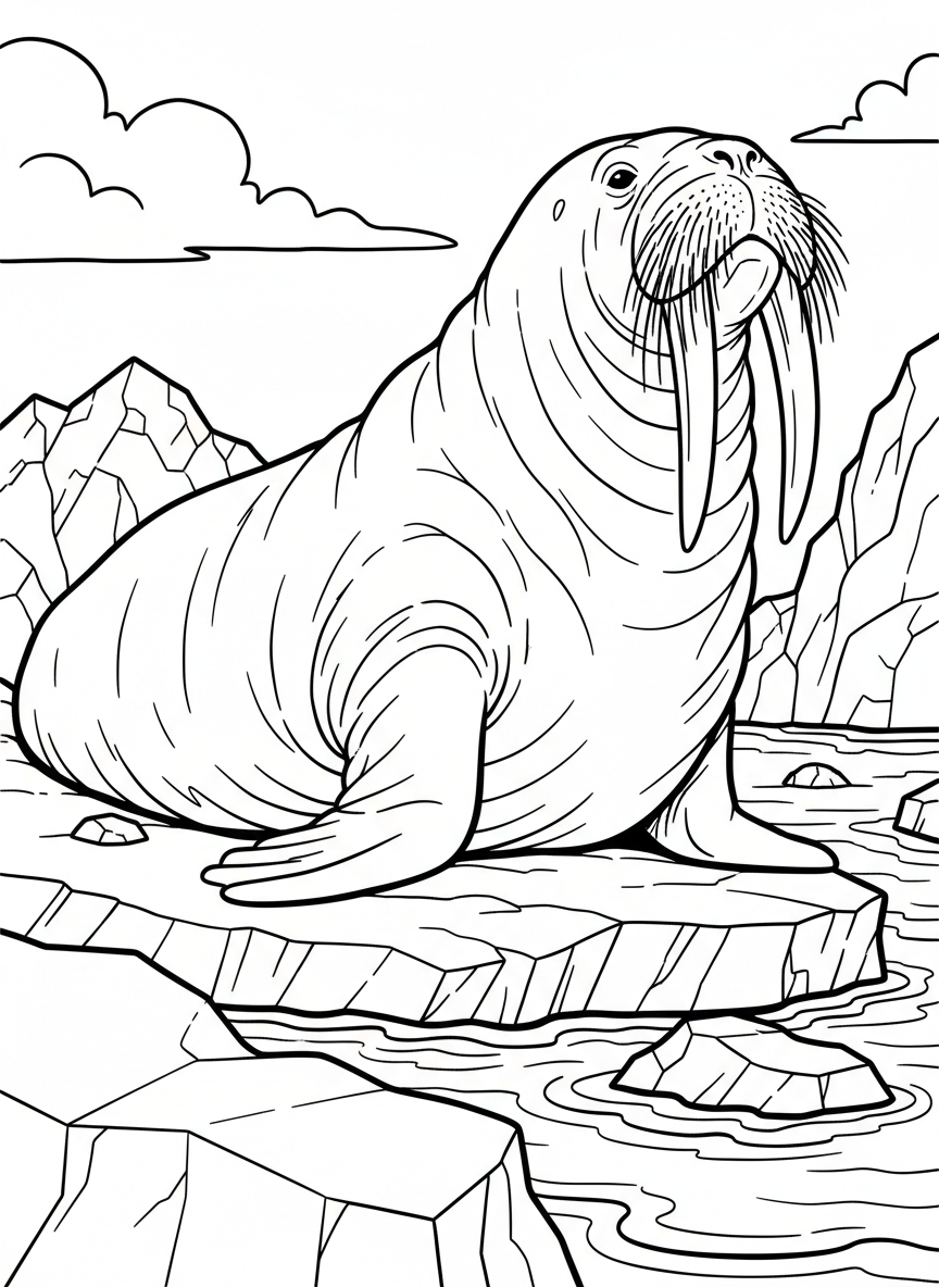 A walrus resting on a rocky shore with prominent tusks, whiskers, and wrinkled skin texture, with simple ice chunks nearby