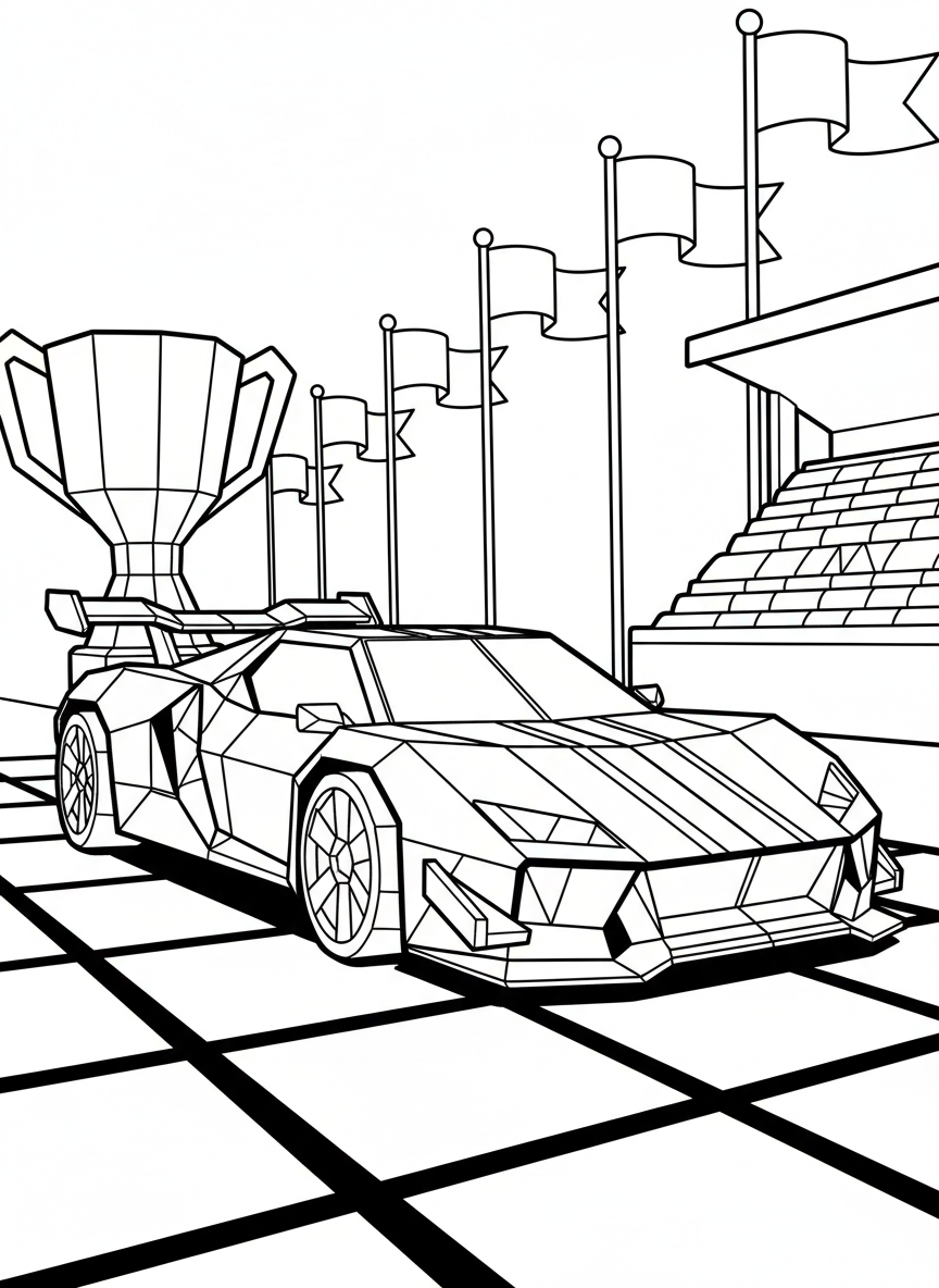 An origami race car with angular folds showing wheels, spoiler, and racing stripes, positioned on a checkered finish line.