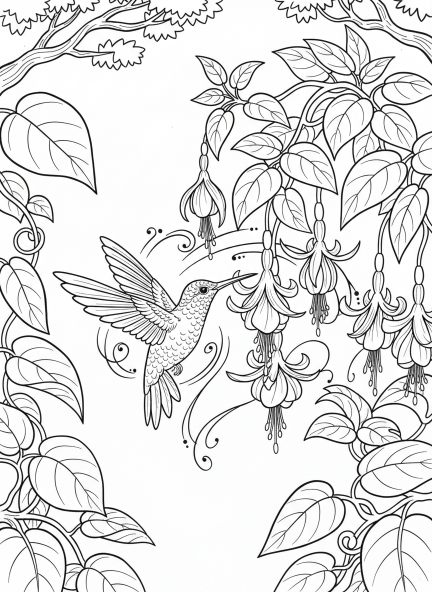 A hummingbird approaching a cluster of bell-shaped fuchsia flowers hanging down, with decorative swirls suggesting motion