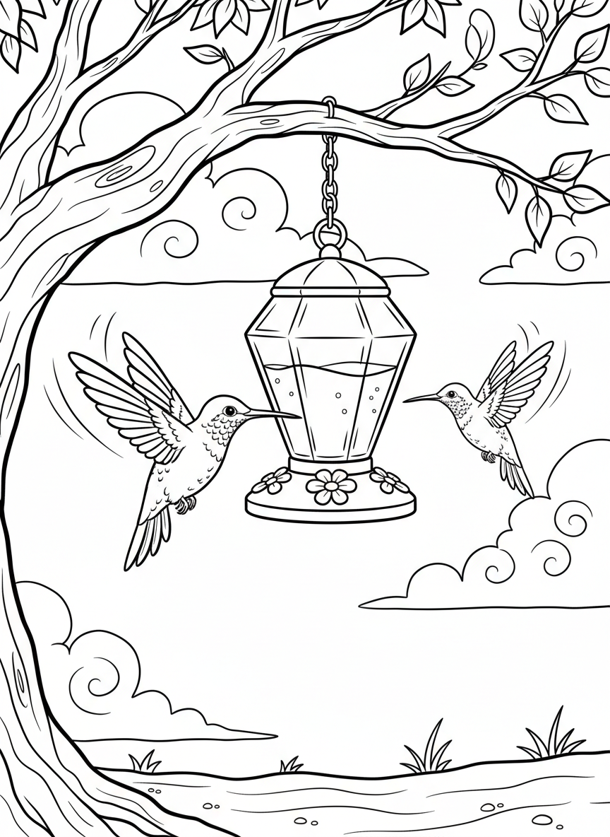 Three hummingbirds of different sizes flying around a decorative glass feeder hanging from a tree branch, with clouds in the sky