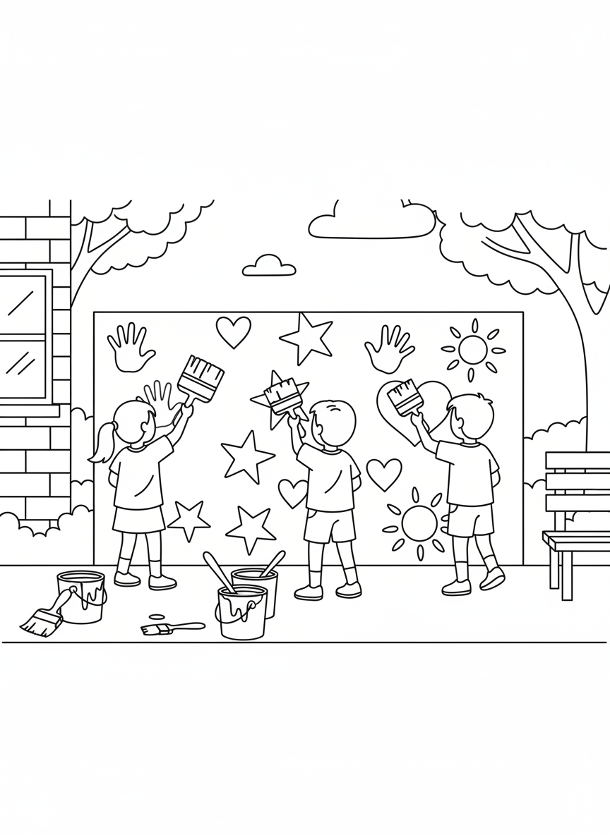 Kids painting a community mural together on a wall, showing handprints, stars, and hearts, with paint buckets and brushes nearby