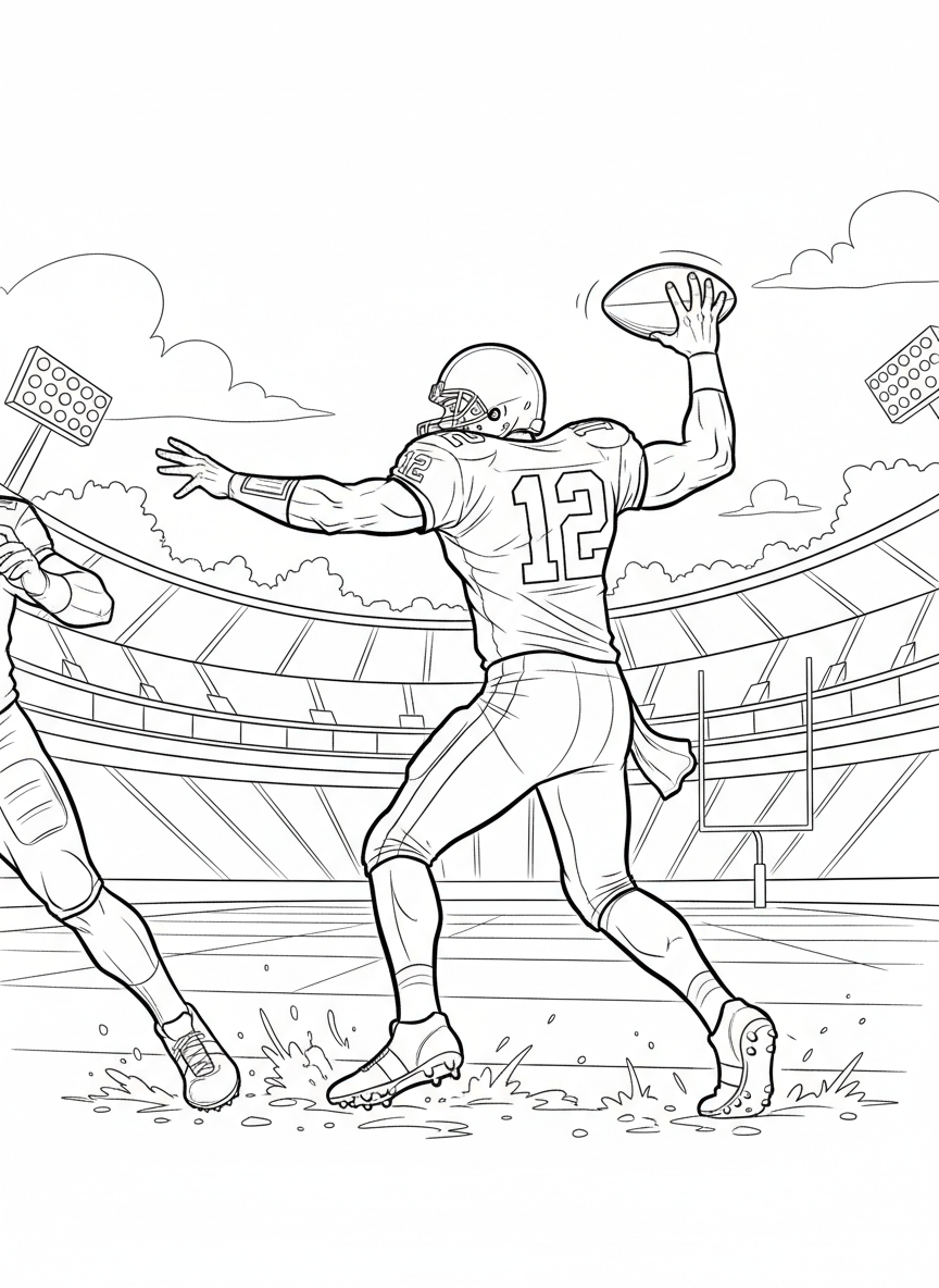 A quarterback throwing a football in action pose, wearing jersey and pants with number on back, dynamic sports illustration