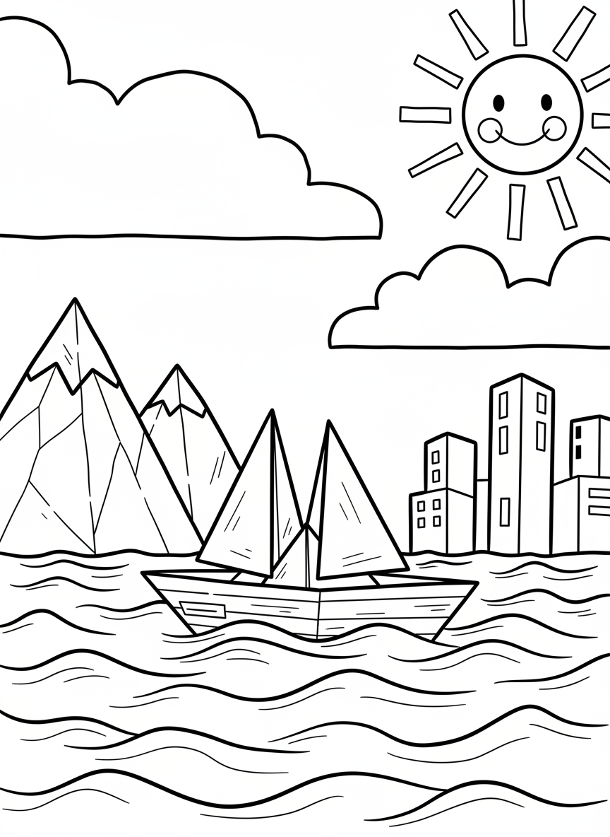An origami sailboat with triangular sails floating on wavy water, simple folded paper design with visible crease lines and a cheerful sun above.