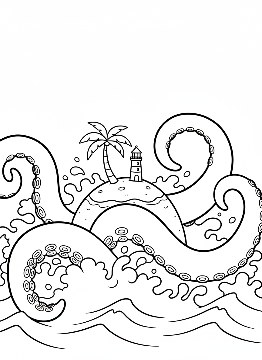 A kraken's tentacles emerging from the ocean around a small island, playful and cartoonish rather than scary.