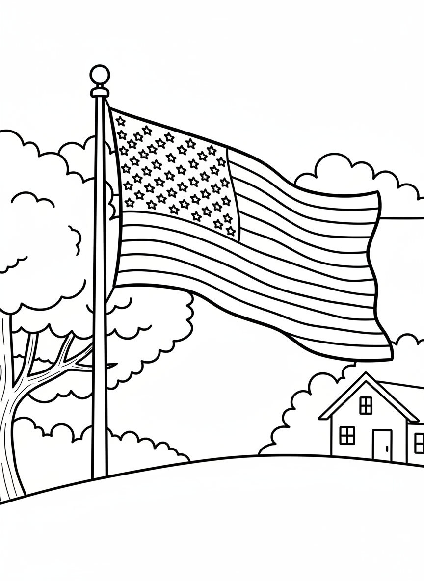 A large American flag waving proudly with stars and stripes clearly defined, simple composition perfect for coloring