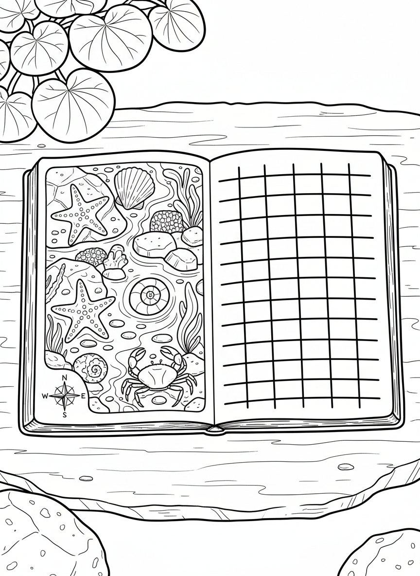 A journal spread with a tide pool scene on one page and lined note-taking space on the other, including a small compass rose