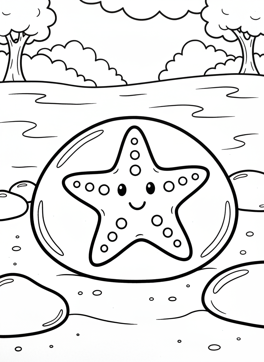 A smooth round rock painted with a smiling starfish design, simple outlines with five arms and dots for texture, perfect for young children to color