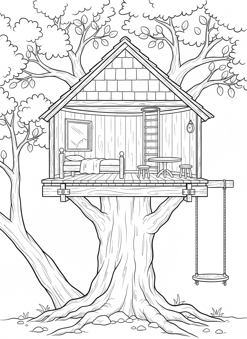 Cross-section view of a treehouse showing the interior room, support beams, floor joists, and how it attaches to the tree trunk.
