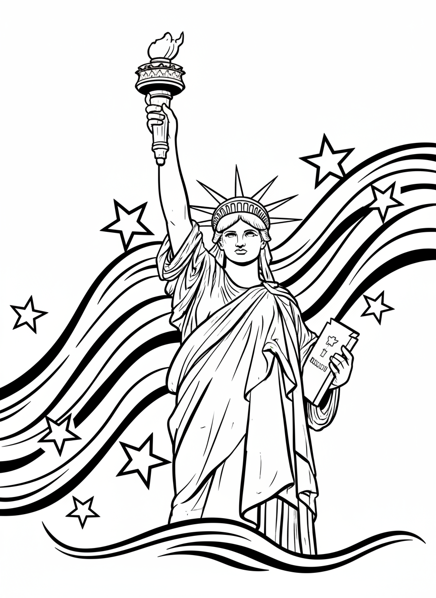 A smiling Statue of Liberty holding her torch high, with stars and stripes swirling around her in a celebratory design