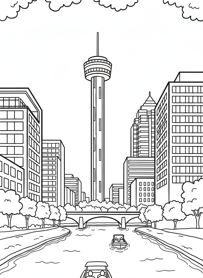 The San Antonio skyline featuring the Tower of the Americas, modern buildings, and the river in the foreground with a few boats.