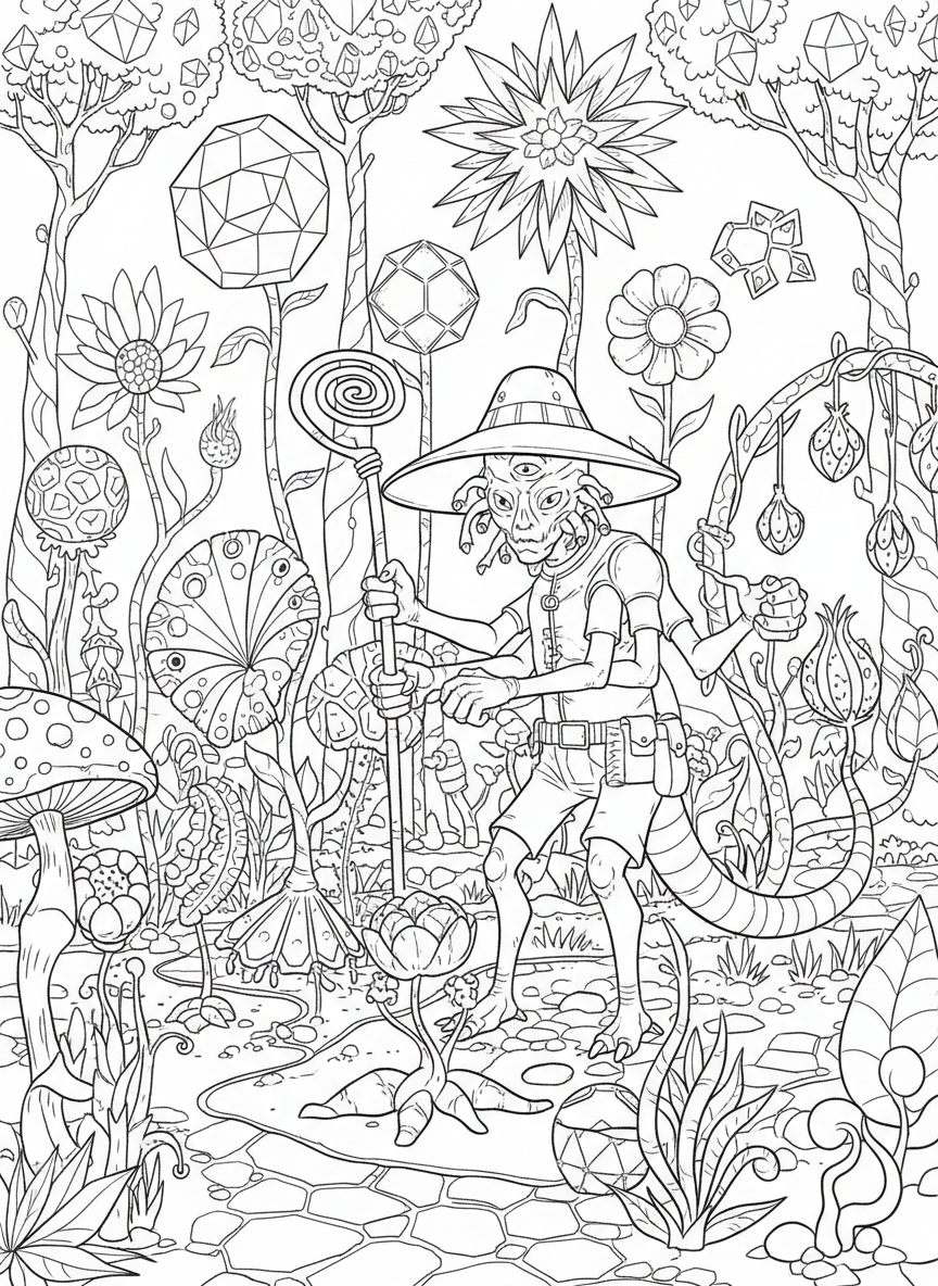 An alien gardener tending to a garden of unusual alien flowers and plants with spiral stems and geometric petals