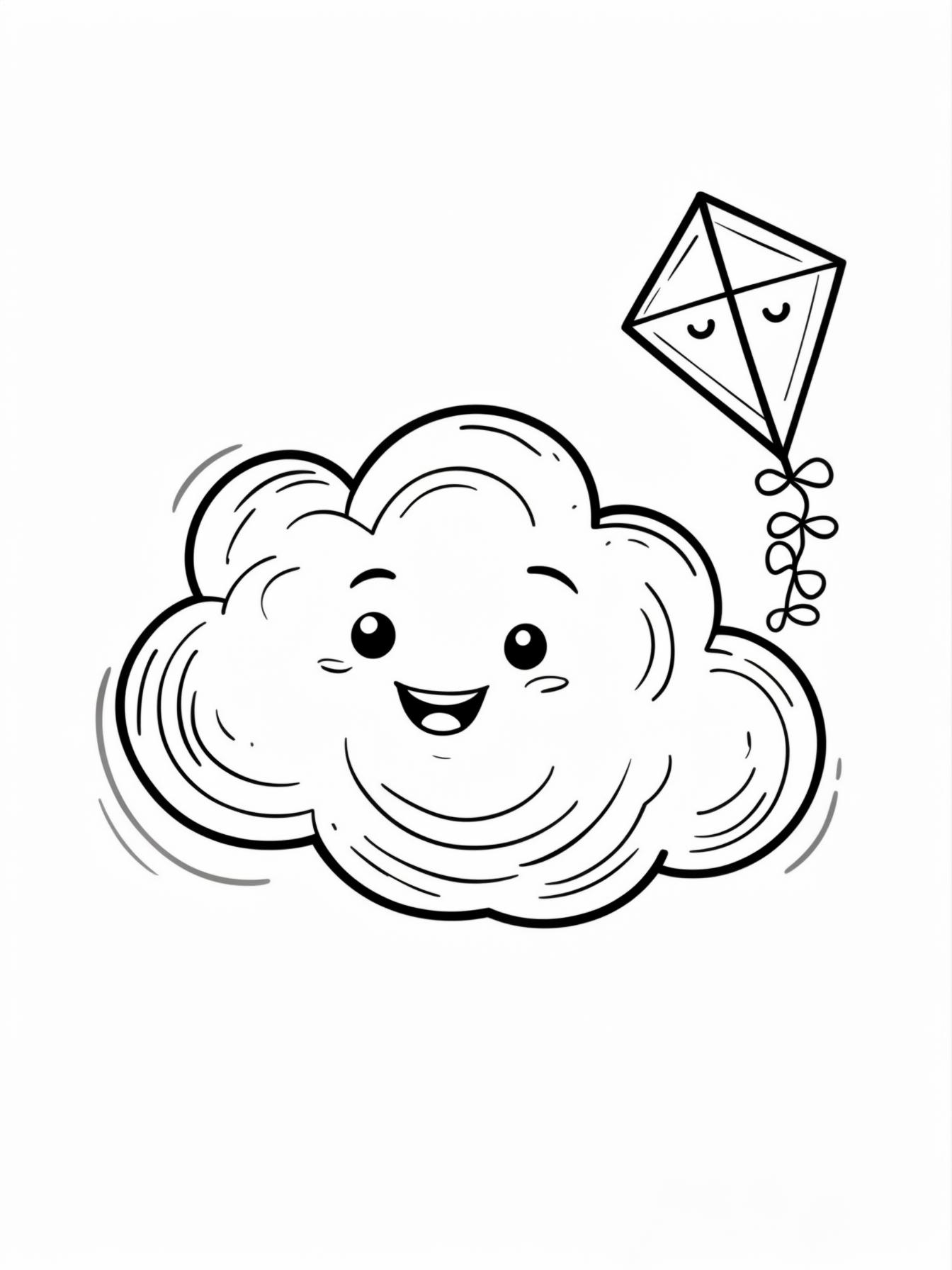 A very happy, fluffy cloud gently blowing a whimsical swirl of wind, with a small, smiling kite flying nearby.