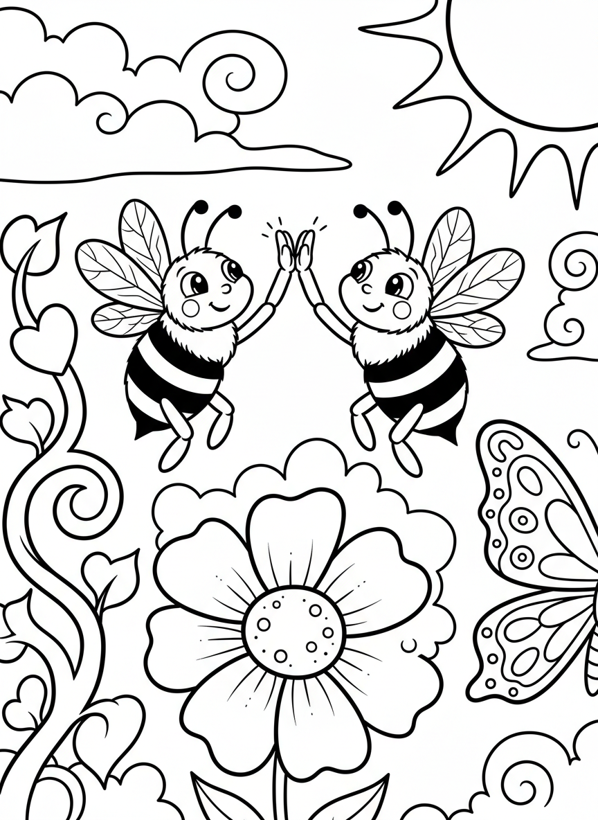 Two bees high-fiving with their legs while hovering over a flower, playful and friendship-themed composition.