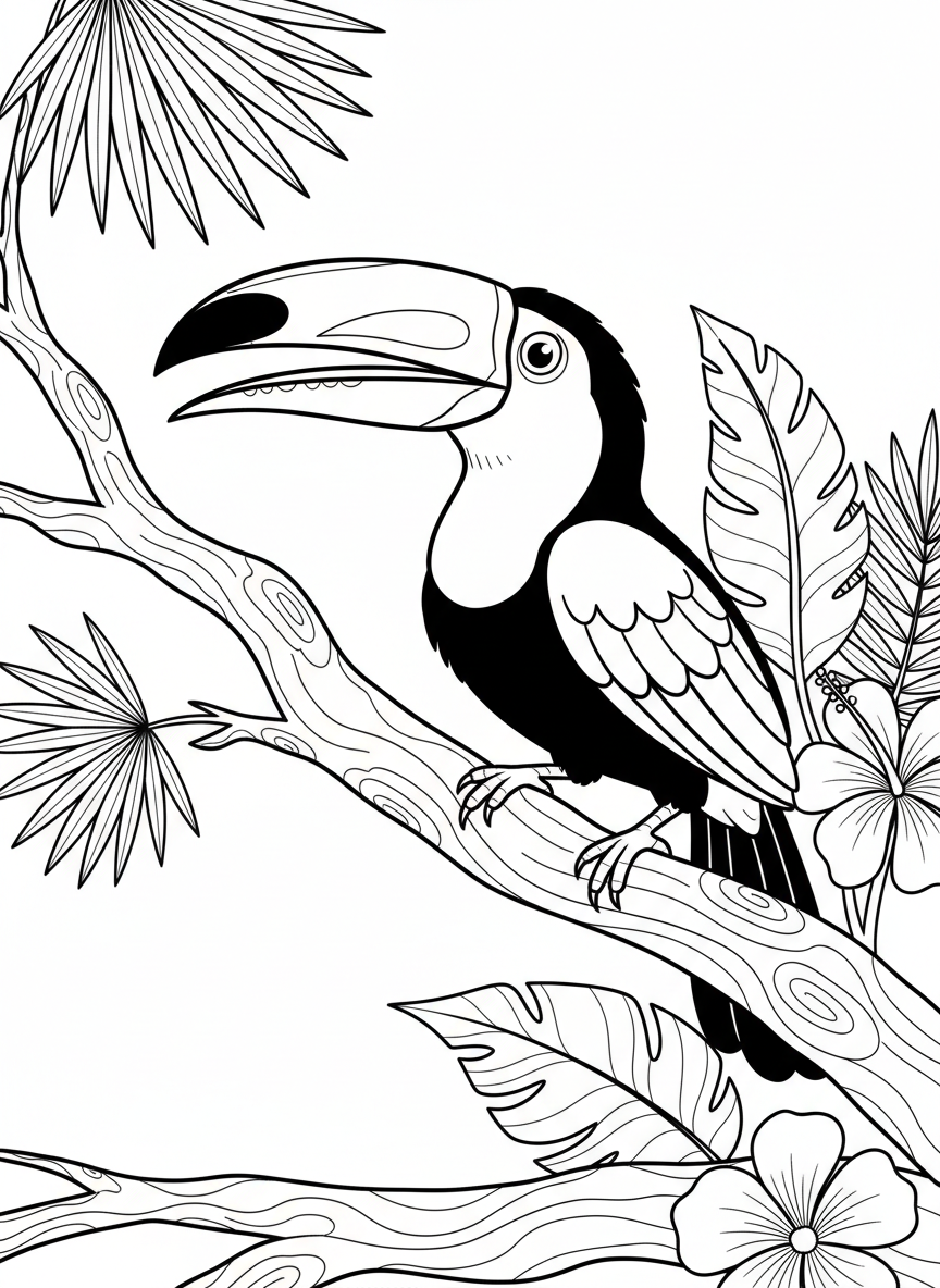 A cheerful toucan perched on a thick jungle branch, with its large beak and detailed feathers, surrounded by tropical leaves and flowers.
