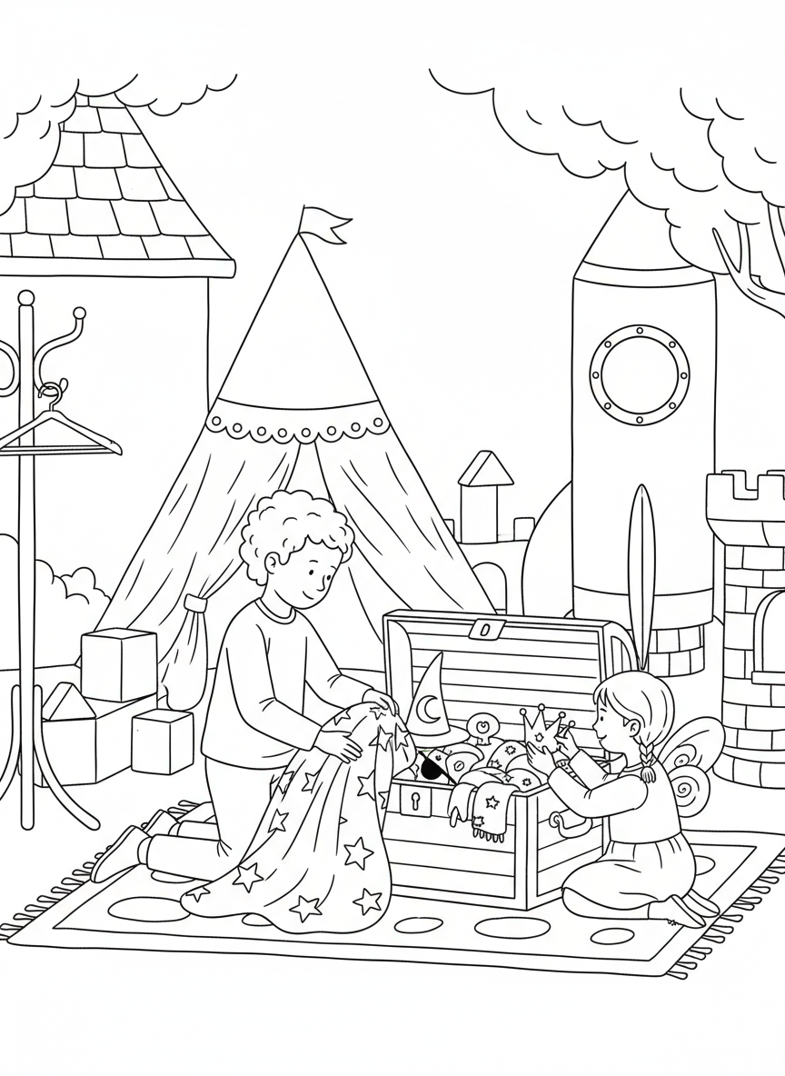 Two children folding and putting away dress-up clothes into a costume trunk, dramatic play area visible
