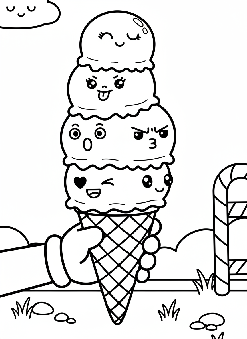 A kawaii ice cream cone with multiple scoops stacked high, each scoop having a different cute face and expression