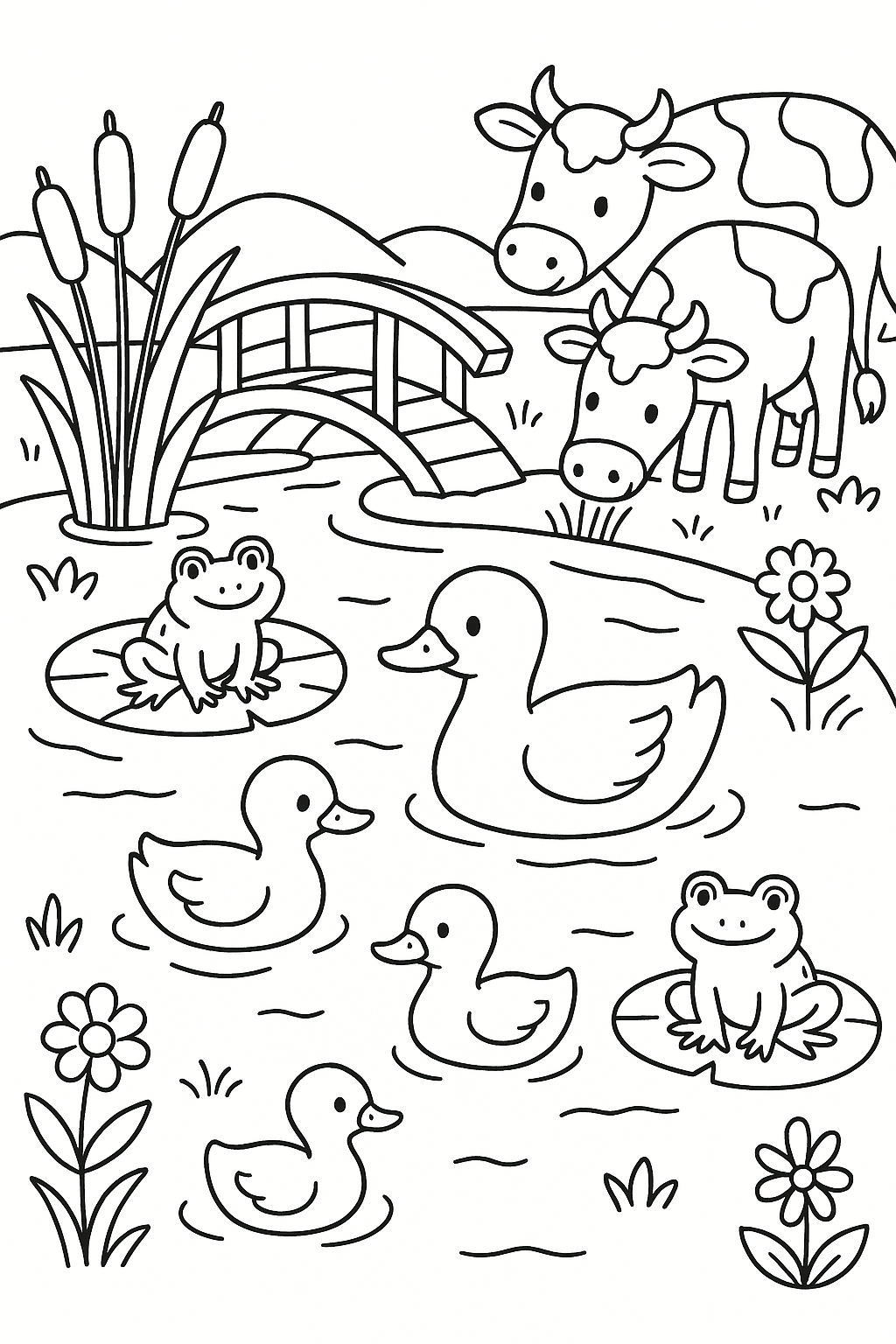 Ducks swimming in a farm pond, frogs sitting on lily pads, a small bridge crossing the water, cows drinking nearby, reeds and flowers growing around, and a calm, friendly illustration style.