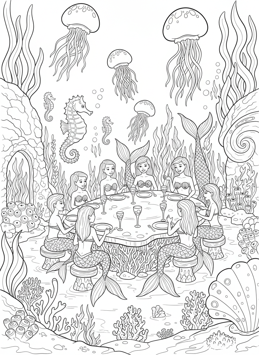 An underwater garden party scene with mermaids, seahorses, and jellyfish gathered around a table made of coral