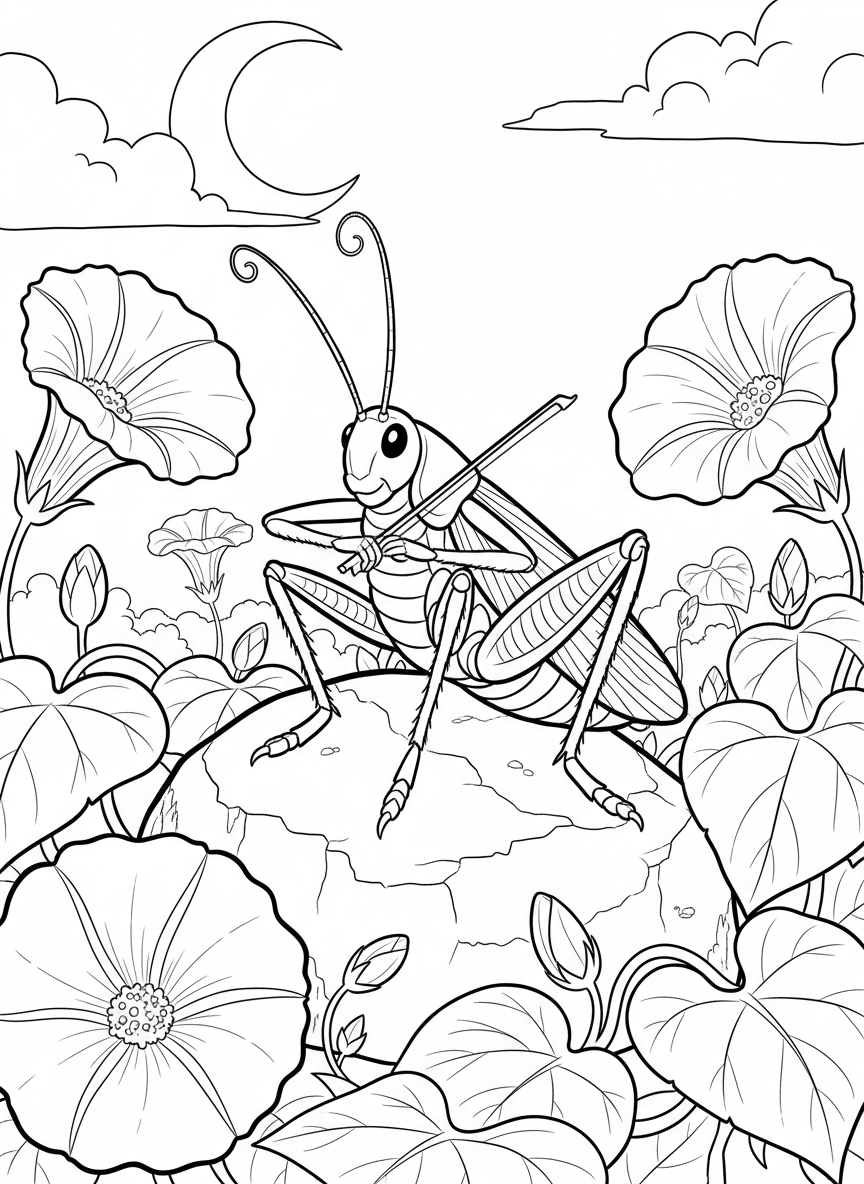 A cricket sitting on a rock playing its wings like a violin, surrounded by moonflowers in an evening garden.