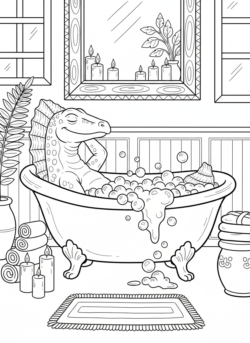 A Dimetrodon relaxing in a clawfoot bathtub surrounded by candles and rolled towels, spa bathroom setting.