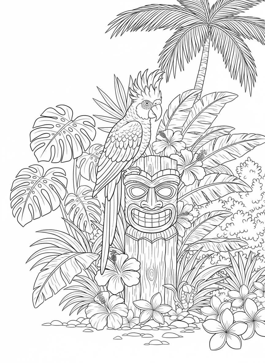 A colorful parrot perched on a wooden tiki sign, surrounded by tropical flowers and large jungle leaves in a lush island setting.