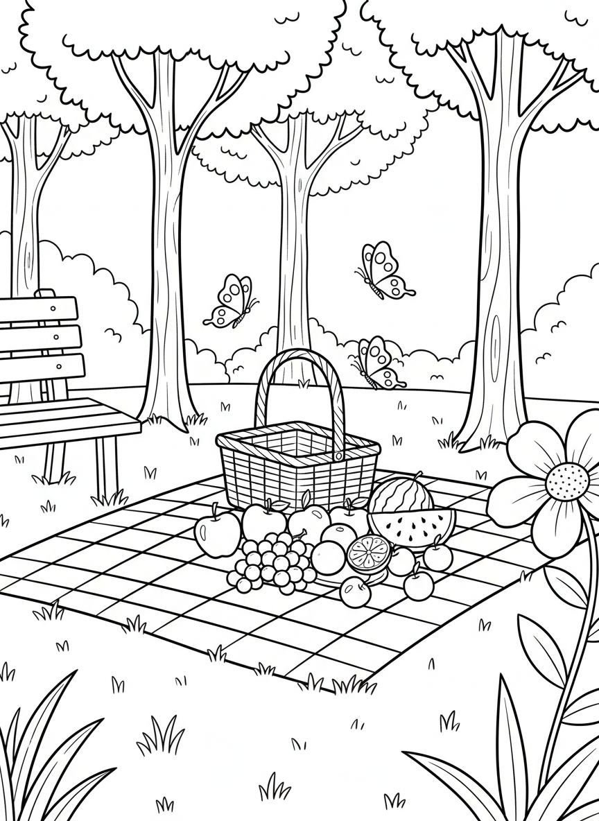 A picnic scene in a sunny park with a checkered blanket, basket full of fruit, and butterflies flying nearby