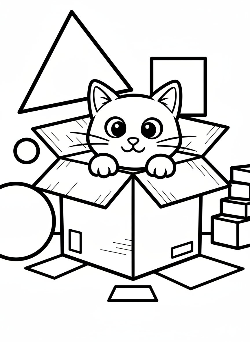 A curious kitten peeking out from inside a cardboard box, with simple geometric shapes and playful expression.