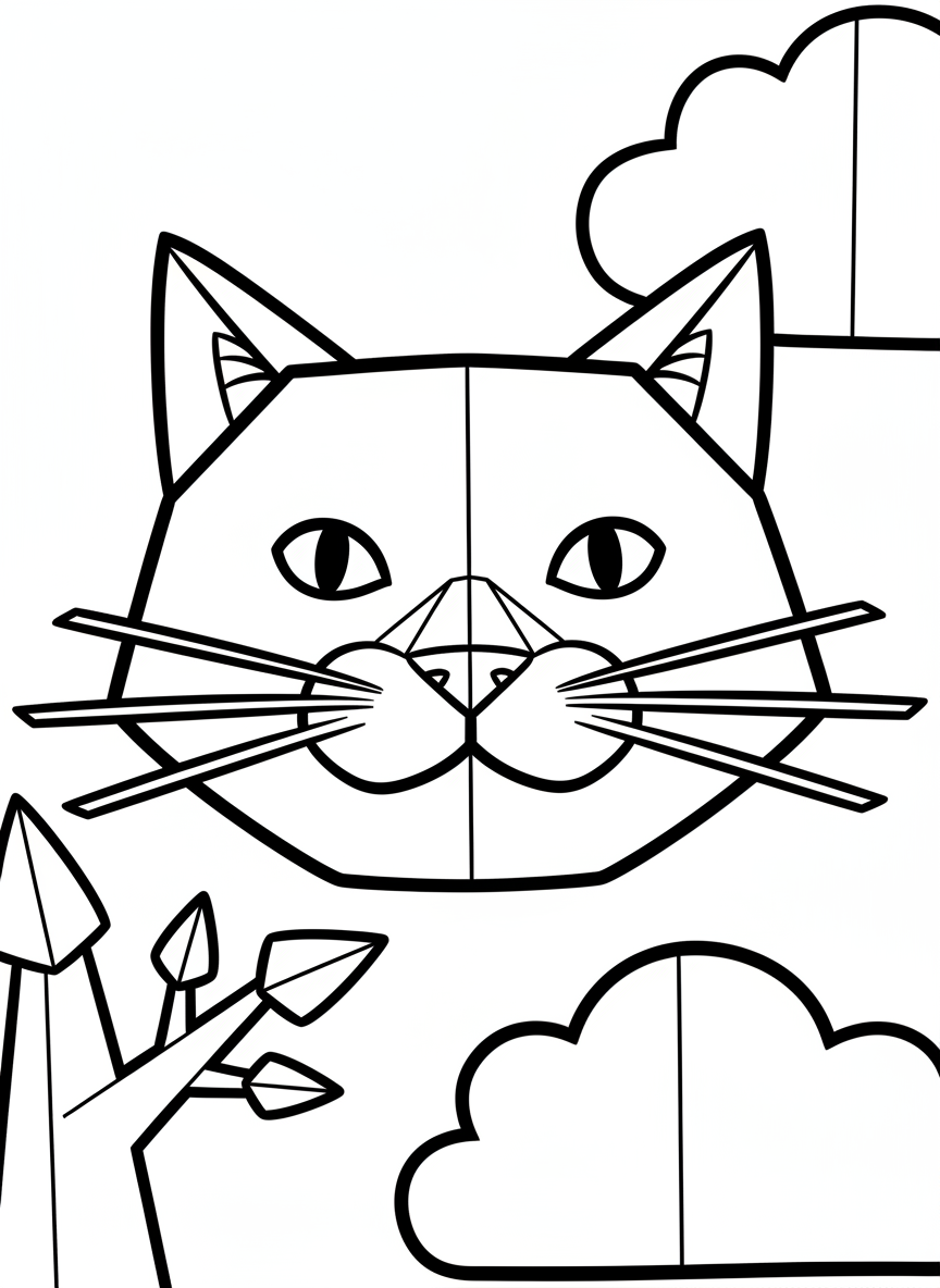 An origami cat face with pointed ears and whiskers, showing simple triangular folds and a friendly expression, perfect for beginners.