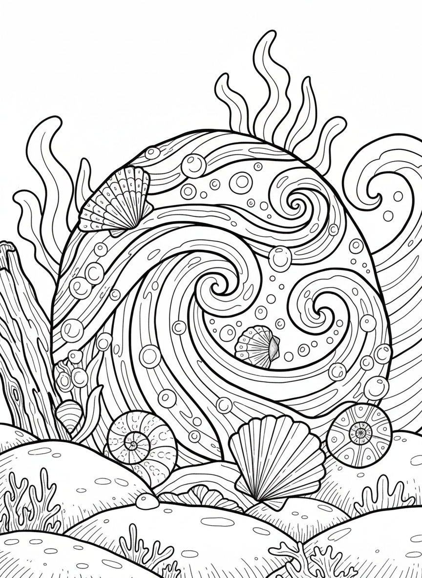 A rock painted with abstract ocean waves and swirls, decorated with scattered seashells and bubbles throughout the design