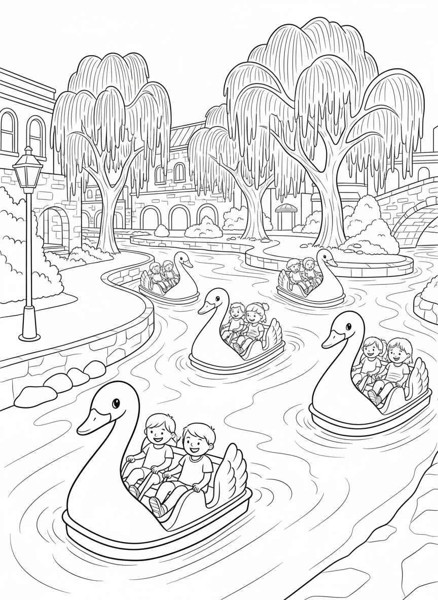 Children riding paddle boats shaped like swans on the river, with willow trees and buildings along the River Walk, fun activity scene.