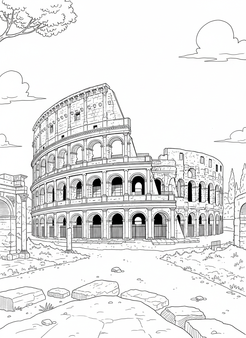 The Colosseum in Rome showing the arched openings and ancient stone structure, partial ruins with clear architectural details.