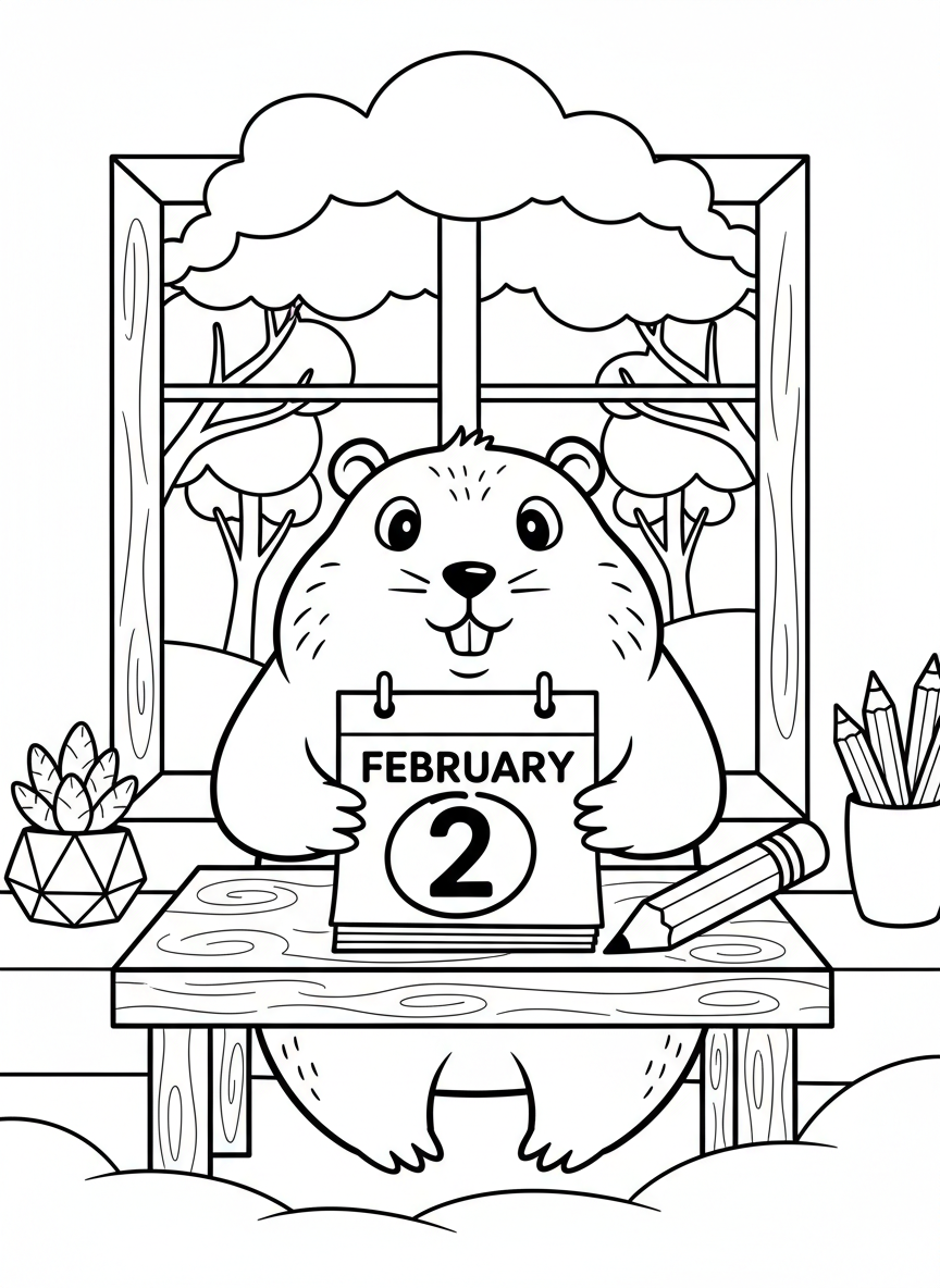 A groundhog looking at a calendar marked February 2nd, sitting at a tiny desk with a pencil