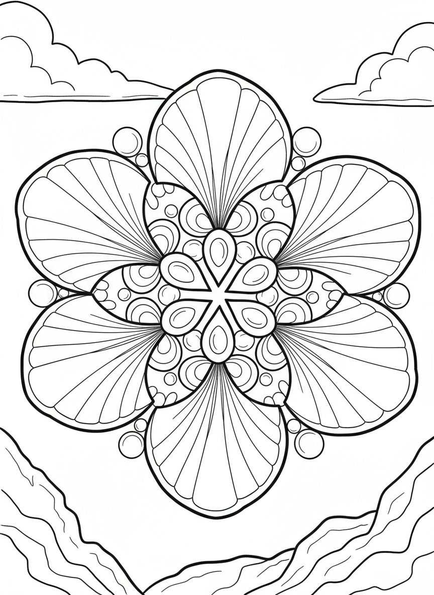 An easy mandala featuring big seashell shapes in a circular pattern, with simple ridges and curves
